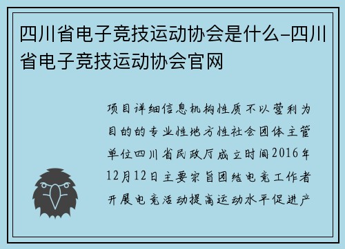 四川省电子竞技运动协会是什么-四川省电子竞技运动协会官网